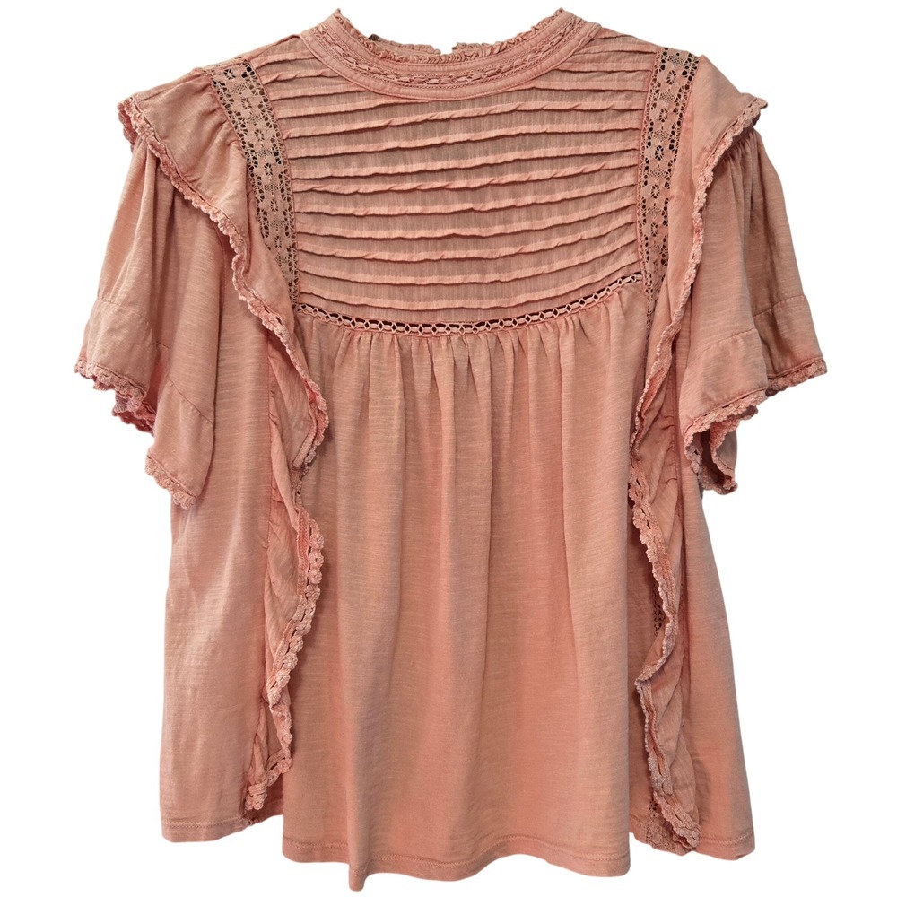 Free People Boho Cottage Peach Pintuck Lace Ruffle Short Sleeve Top Cotton Large